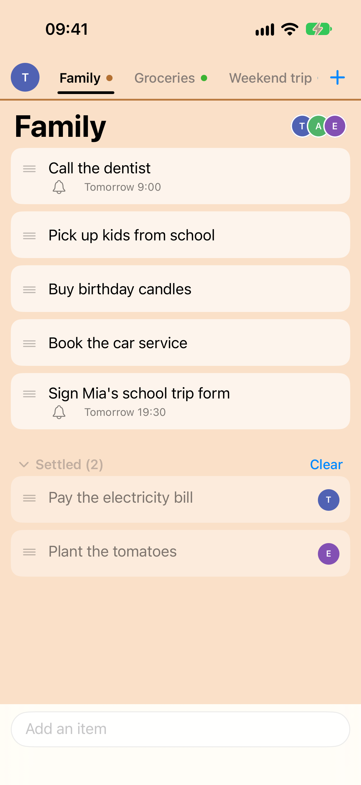 Tomas's phone in light mode: the Family list on an orange screen. Open items: Call the dentist, tomorrow 9:00; Pick up kids from school; Buy birthday candles; Book the car service; Sign Mia's school trip form. Settled: Pay the electricity bill and Plant the tomatoes.