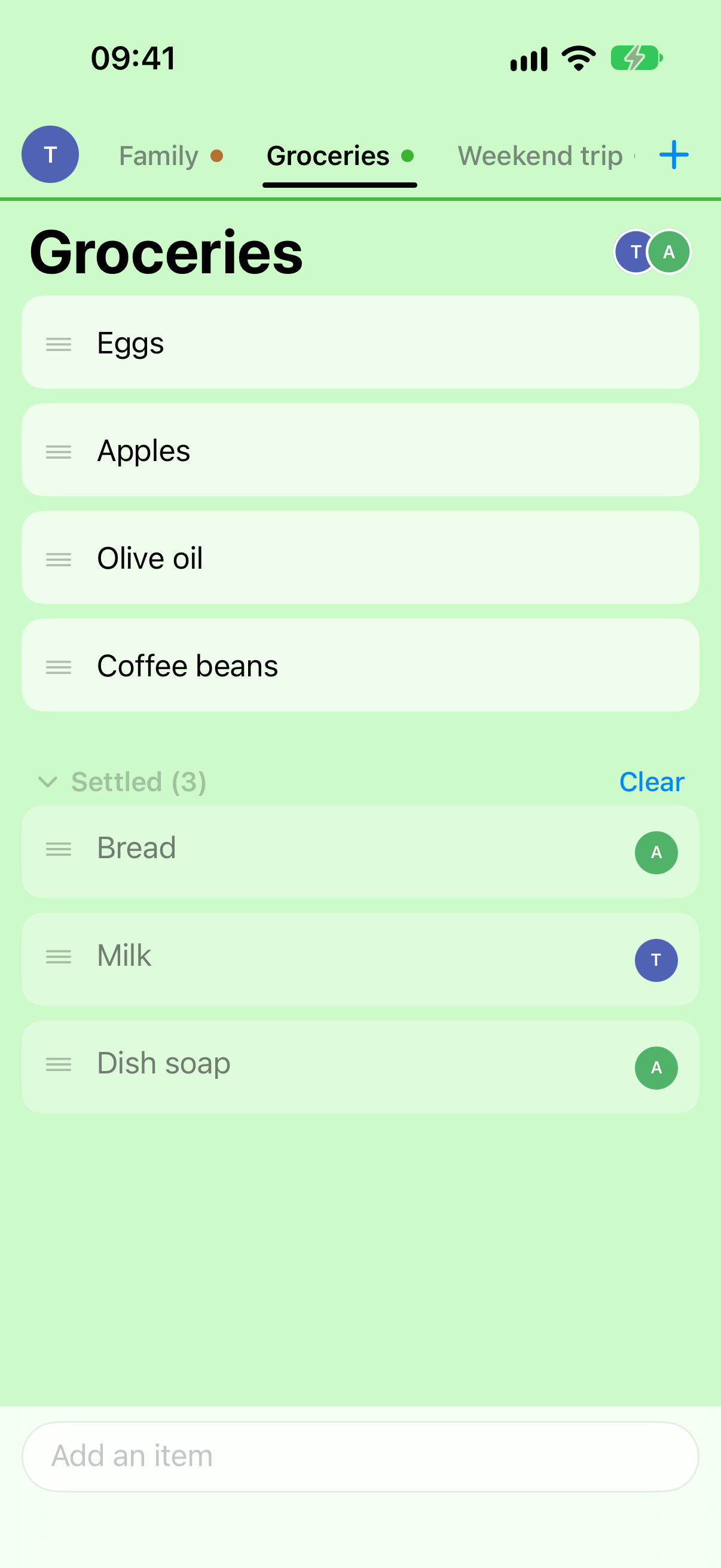 Top of the Groceries list: its tab is active and the screen is green.