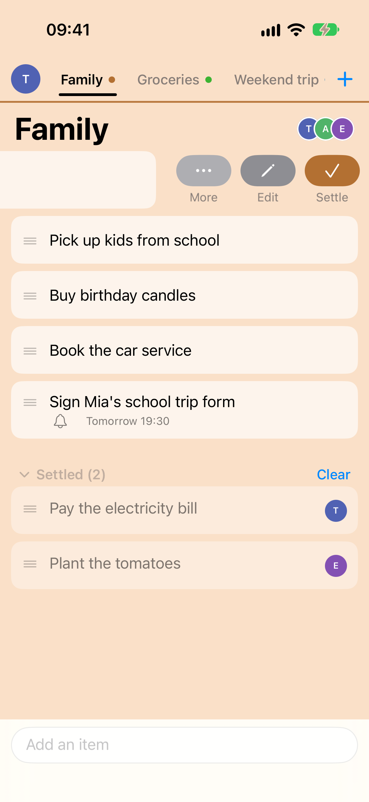 An item swiped to the left, showing the More, Edit and Settle buttons.