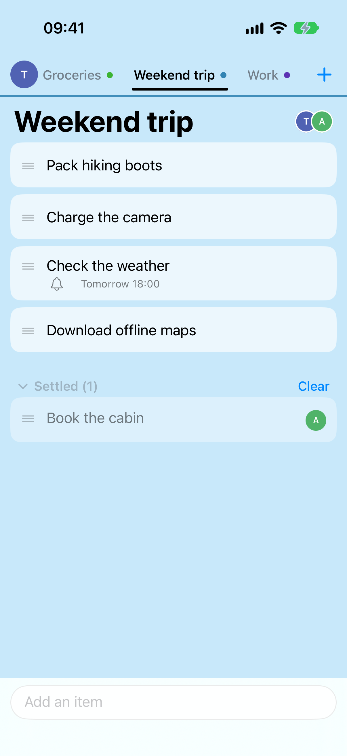 Top of the Weekend trip list: its tab is active and the screen is blue.