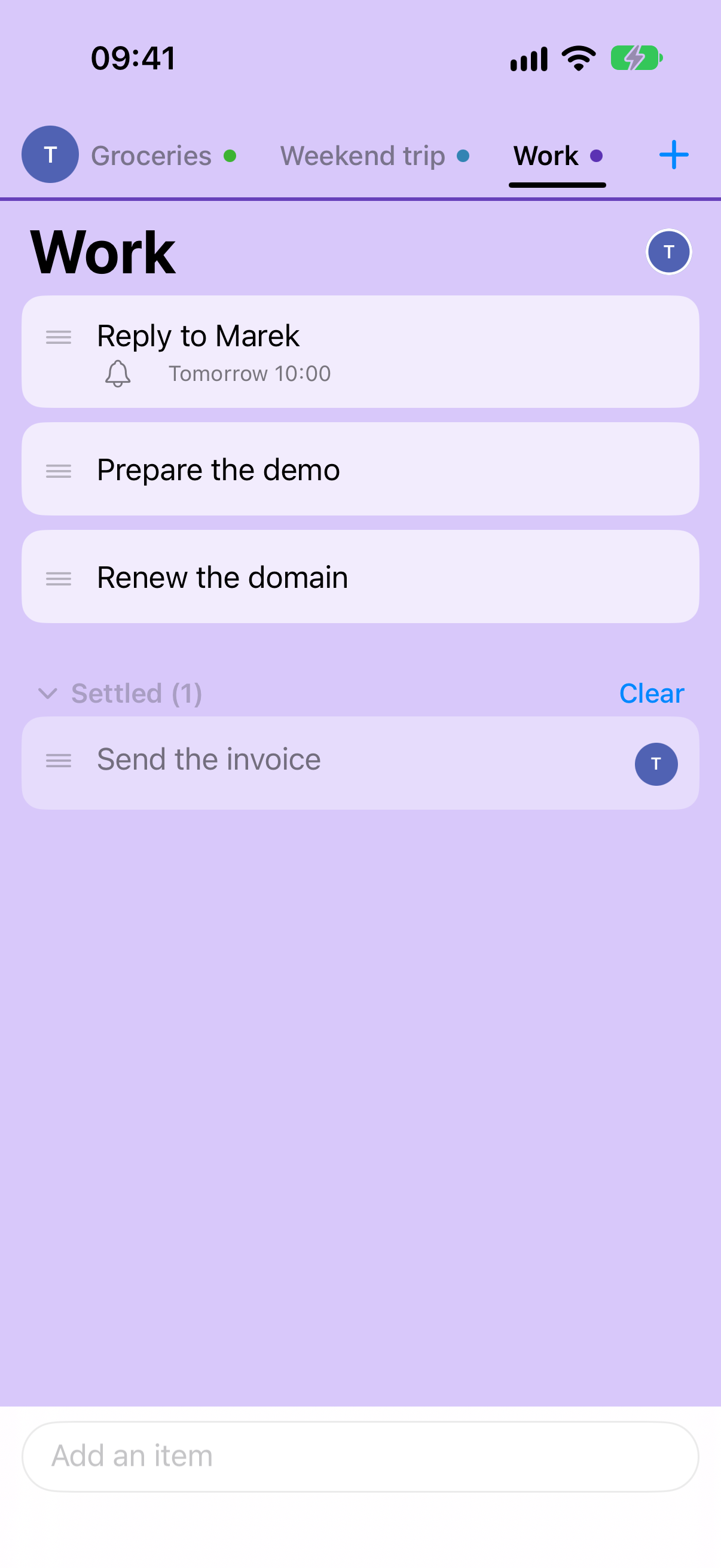 Top of the Work list: its tab is active and the screen is purple.